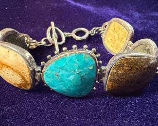 Southwestern Sterling Silver Turquoise, Fossilized Wood, and Fossilized Bone Bracelet