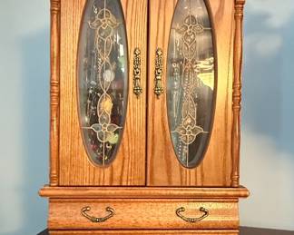 Vintage Oak Jewelry Armoire with Oval Etched Glass Doors and Drawers