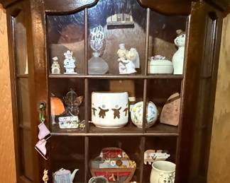 Vintage Wooden Wall Curio Cabinet with Assorted Figurines
