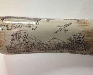 Faux Whale Bone Scrimshaw Ocean Boat and Whale Scene