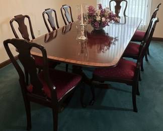 Henredon Double Pedestal Dining Table with Brass Claw Feet and Chairs Set