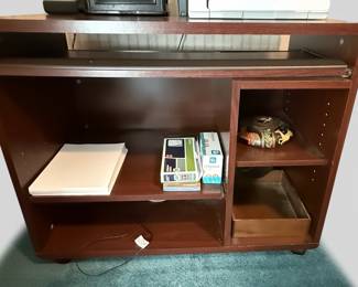 Dark Wood Computer Desk with Pull-Out Tray and Shelving