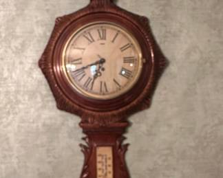 Antique Victorian Carved Oak Banjo Barometer and Thermometer