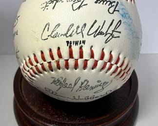 Baseball Signed by 80s Era Atlanta Braves Players including Randy Johnson, Rafael Ramirez, Brett Butler, Gene Garber, Bob Horner, Biff Pocoroba, Jerry Harper, Donnie Moore, Bob Walk, Chris Chambliss, and others.