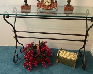 Vintage Wrought Iron and Glass Console Table with Scrollwork