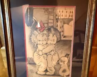 Framed Drawing of Two Children and a Dog by G.H.M. - Style of Grace G. Drayton