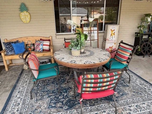 HEAVY METAL PATIO SET, WOODEN BENCH, PILLOWS & MORE
