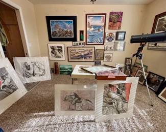 VARIOUS COLLECTIBLE ART , PICTURE FRAMES & TELESCOPE