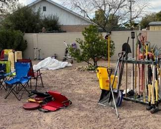 CAMPING CHAIRS & EQUIPMENT, YARD TOOLS & MISC. PET ITEMS & CRATES