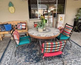 HEAVY METAL PATIO SET, WOODEN BENCH, PILLOWS & MORE