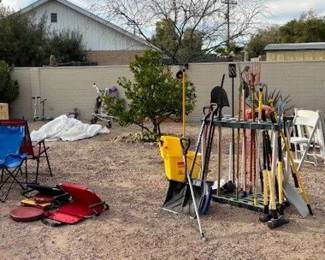 CAMPING CHAIRS & EQUIPMENT,  YARD TOOLS & MISC. PET ITEMS & CRATES 