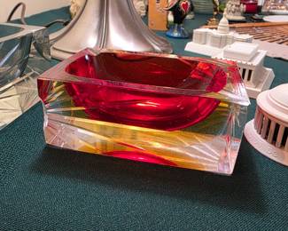 Murano Faceted Red & Clear Sommerso Glass Diamond  Bowl Vintage Space Age Mcm