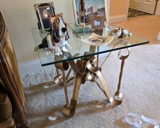 Hollywood Regency Antiqued Gold Iron End or Side Accent Table Square Glass Top