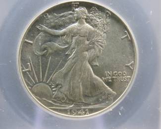 Lot 230. 1941 S Walking Liberty Half Dollar slabbed and graded AU 58 by ICG