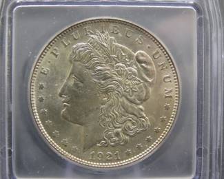 Lot 299. 1921 P Morgan Silver Dollar slabbed and graded MS62 by ICG
