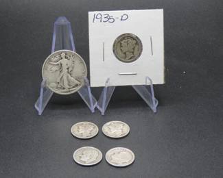 Lot 362. One Walking Liberty Half Dollar, three Mercury Dimes, and two silver Roosevelt Dimes