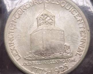 Lot 109. 1925 Lexington-Concord commemorative 90% Half Dollar coin with .3617 ounces of pure silver in a sealed holder