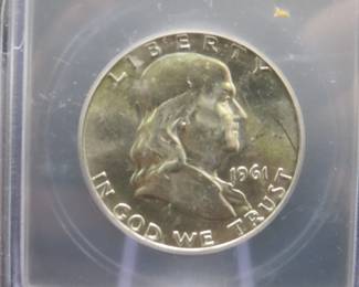 Lot 89. 1961 D Franklin Half Dollar slabbed and graded ICG-MS62