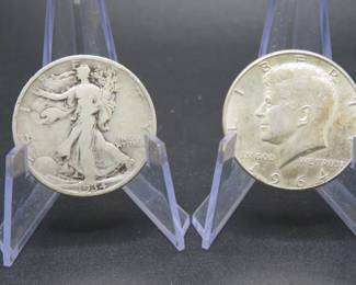 Lot 309. One Walking Liberty and one 1964 Kennedy Half Dollar coins with dates as pictured