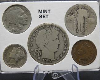 Lot 268. Five-coin type set including a Barber Half, Standing Liberty Quarter, Mercury Dime, and Buffalo Nickel