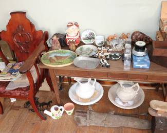 Antique Wooden Chair, Trays, Animal figurines, Vintage Wash Station