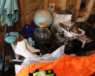 Skates, Jars, Light Fixture, Desk Globe, Phone Holder, Box of Vintage Pencils