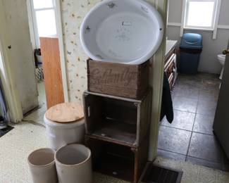 Vintage Wooden Advertising Crates, Antique Porcelain Baby Bath