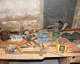 Vintage Hand Tools Hammers, Bush Trimmer, Drill Bits, Oil Can