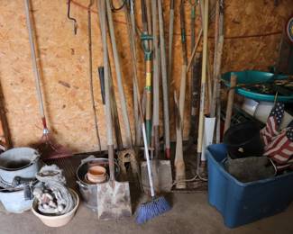 Yard Hand Tools, Shovels, Rakes, Post Hole Digger, Buckets, Sled, Flags