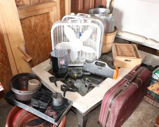 Box Fans, Coffee Table, Suitcase set, planters, clamps, Wooden Bushel Basket, Bed Headboard