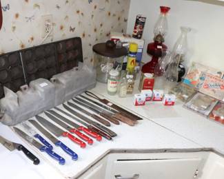 Knives, Tins, Oil Lamps, Books, Antique Train Cake Mold