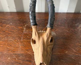 Wood Skull with Horns and Hand Carved Boat