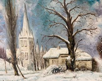 Large Original Vintage Oil Painting of Church in Winter