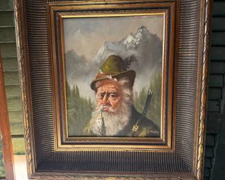 Vintage Oil Painting of German Smoking a Pipe and Hintermeister Print of Daydreaming Boy