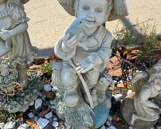 Vintage Boy with Fish and Lamb Garden Statue