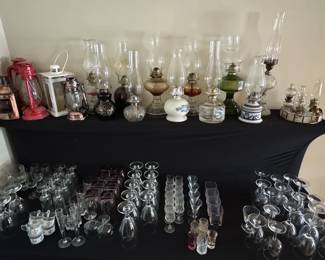 Collection of Vintage Oil Lamps and Glassware