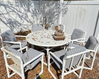 Vintage PVC Pipe Outdoor Dining Set with Striped Cushions
