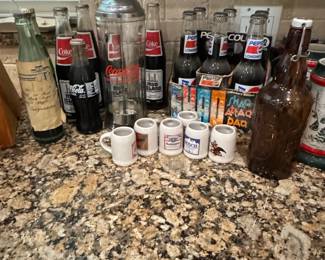 Vintage CocaCola and Pepsi Soda Bottles with Mini Mugs and Dispenser