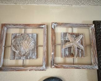 Set of Two Coastal Themed Wood Wall Art Plaques with Scallop Shell and Starfish