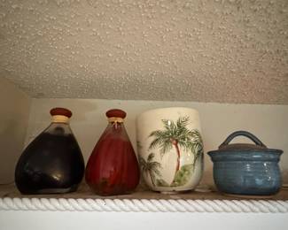 Decorative Glass Bottles and Ceramic Pot with Palm Tree Motif