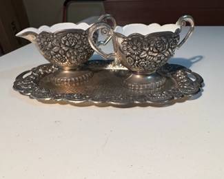 Vintage SilverPlated Creamer and Sugar Bowl Set with Tray  Floral Embossed
