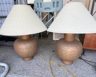 Vintage Bob Kinzie Style Woven Ceramic Table Lamps Pair