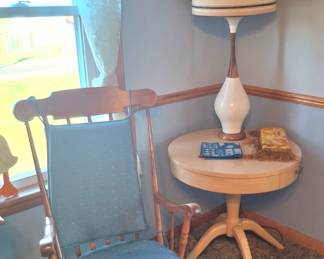 Nice Drum Table and Wood Rocker! Checkout that Mid Century Lamp!
