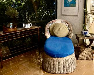 Bamboo console table 
Spiral wicker table 
Wicker chase lounge 