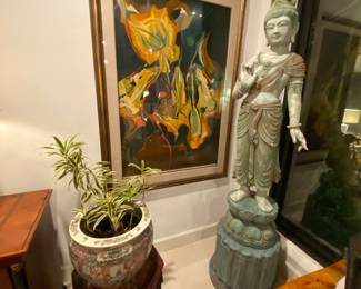 Large wood Asian lady 
PR art print 
Asian plant pot 
Antique Asian stool 