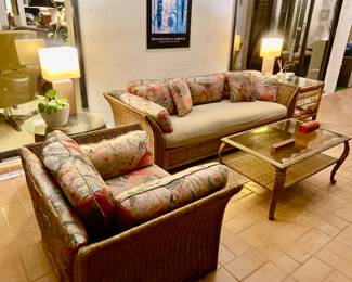 Rattan solfa and armchair as is 
Side round glass wicker table 
Wicker coffee table 
Quite wicker table 