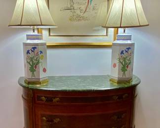Anatole marble top commode 
Hand painted lamps (2) 