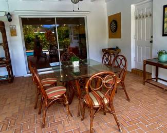 2nd home …
rattan dining set w 6 chairs and glass top table 
Rattan console 
Rattan Etagere 