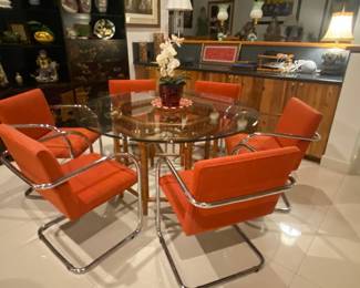 6 chrome armchairs 
Bamboo table base w glass top 