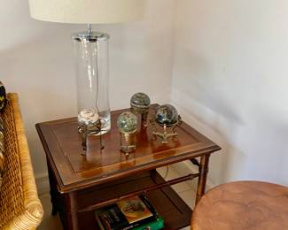 Pair of side regency tables with bottom shelf 